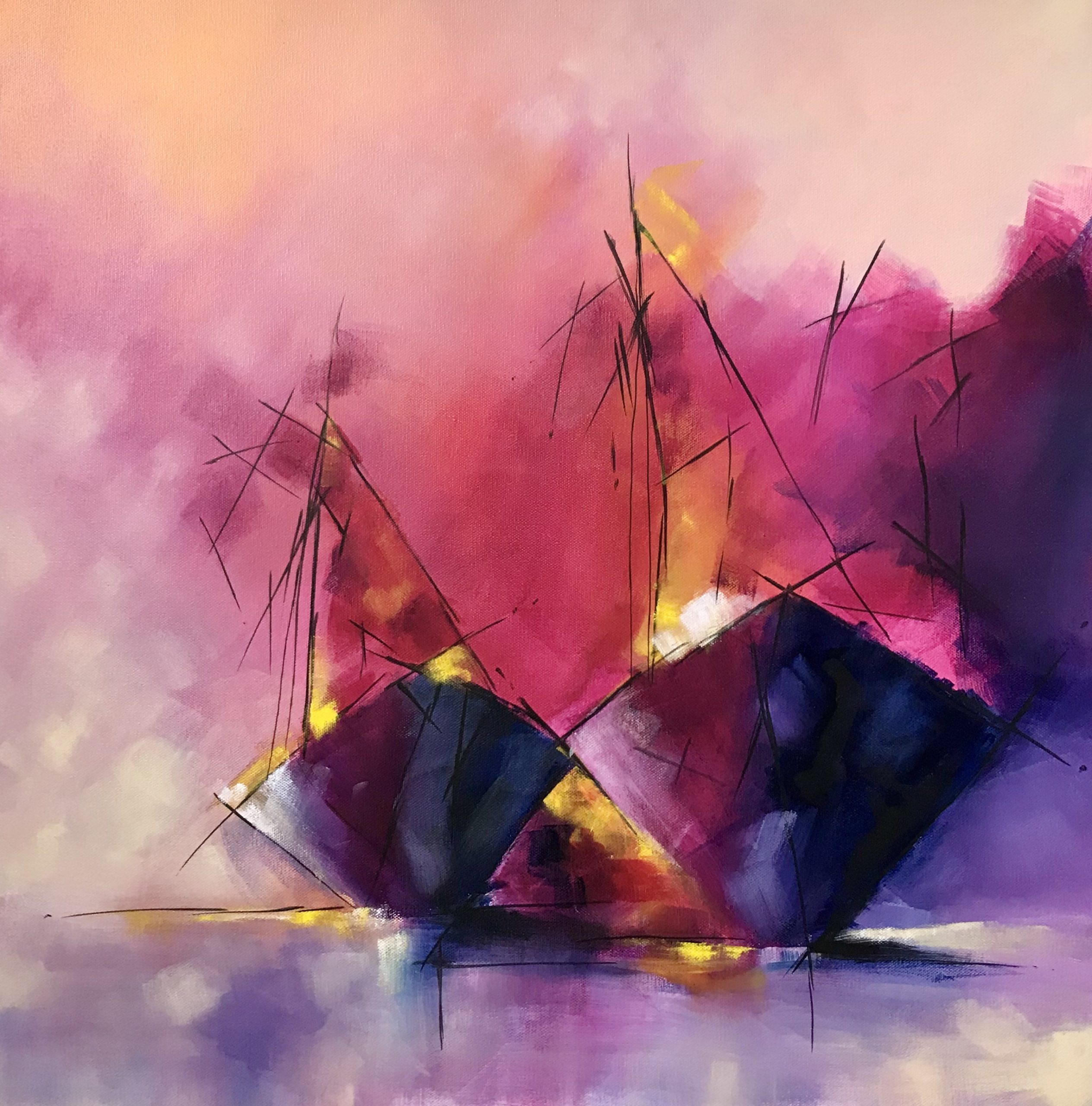 Sailing Boats Painting 24X24", Acrylic Painting of Two Ships